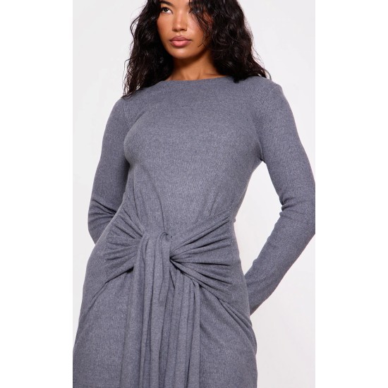 Charcoal Heavy Brushed Rib Wrap Tie Bodycon Dress