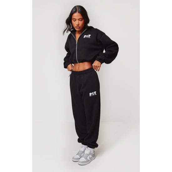 PRETTYLITTLETHING Black Elasticated Hem Zip Up Hoodie