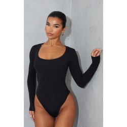 Basic Black Cotton Blend Scoop Neck Long Sleeve Bodysuit