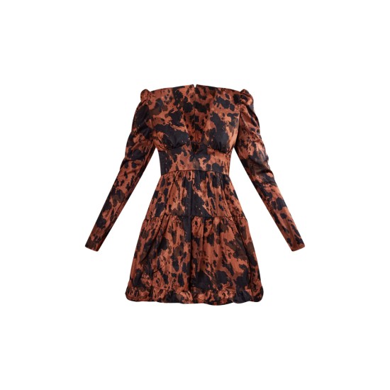 Chocolate Abstract Puff Sleeve Frill Hem Tea Dress