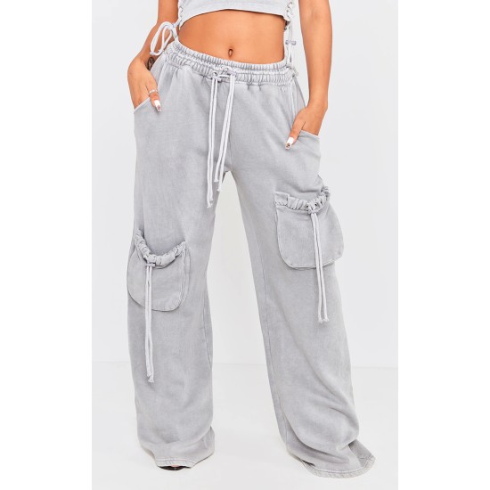 Shape Light Grey Washed Double Waistband Pocket Detail Wide Leg Sweatpants