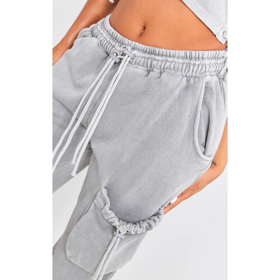 Shape Light Grey Washed Double Waistband Pocket Detail Wide Leg Sweatpants