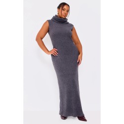 Plus Charcoal Brushed Rib Roll Neck Maxi Dress