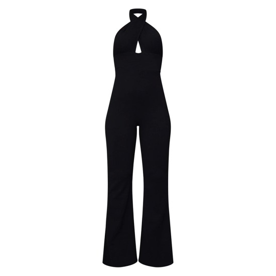 Black Cross Neck Tie Back Rib Jumpsuit