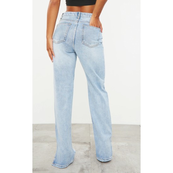 Light Blue Wash Ripped Split Hem Straight Leg Jeans