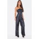 Black Faux Leather Bandeau Lace Back Straight Leg Jumpsuit