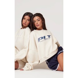 PRETTYLITTLETHING Cream Athletics Club Embossed Oversized Boxy Sweatshirt