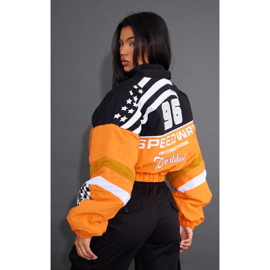 Orange Cropped Oversized Graphic Zipped Racer Bomber Jacket