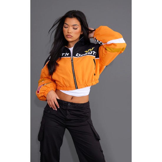 Orange Cropped Oversized Graphic Zipped Racer Bomber Jacket