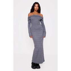 Charcoal Heavy Brushed Rib Bardot Trim Maxi Dress