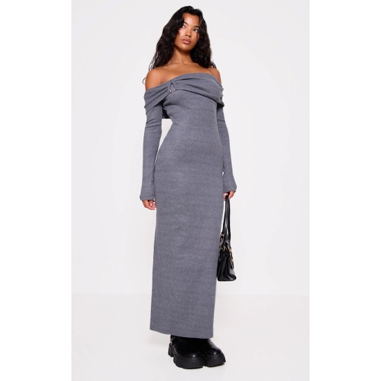 Charcoal Heavy Brushed Rib Bardot Trim Maxi Dress