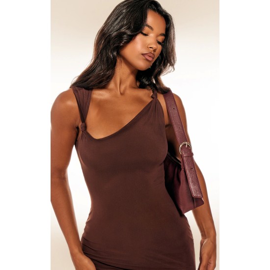 Dark Taupe Lined Mesh Asymmetrical Knotted Midaxi Dress