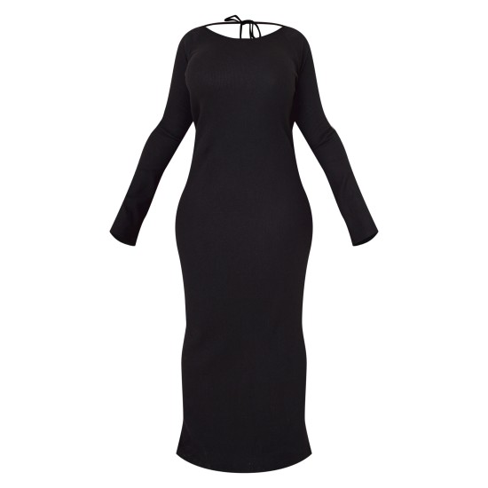 Plus Black Heavy Brushed Rib Tie Back Maxi Dress