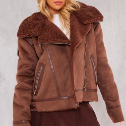 Chocolate Faux Suede PU Bonded Aviator Jacket