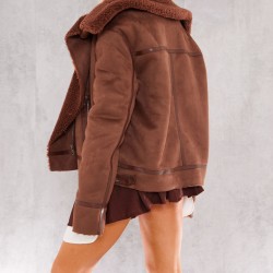 Chocolate Faux Suede PU Bonded Aviator Jacket