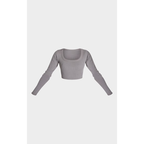 Charcoal Rib Scoop Neck Long Sleeve Crop Top