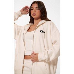 PRETTYLITTLETHING Cream Contrast Logo Badge Oversized Zip Through Hoodie