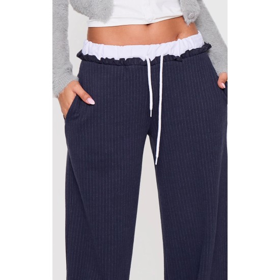 Petite Navy Pinstripe Contrast Waistband Wide Leg Pants