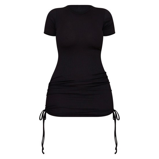 Shape Black Rib Short Sleeve Ruched Side Bodycon Dress