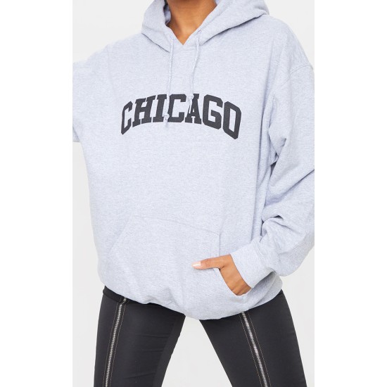 Grey Chicago Print Oversized Hoodie