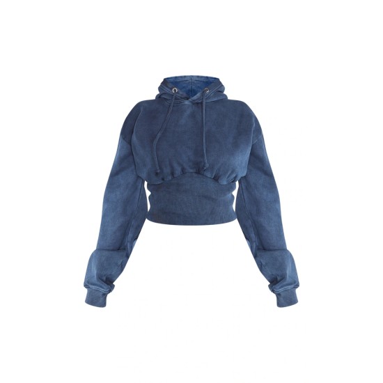 Shape Blue Sweat Cropped Shirred Waist Hoodie