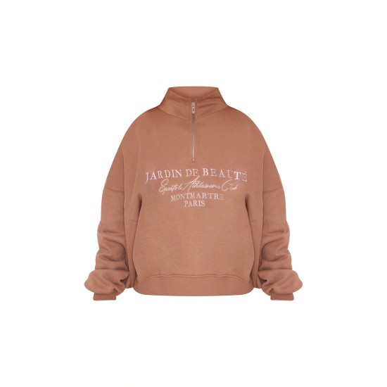 PRETTYLITTLETHING Mocha Logo Embroidered Half Zip Sweatshirt