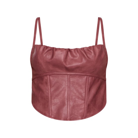 Mauve Faux Leather Ruched Bust Boned Dip Hem Corset