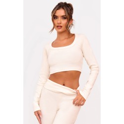 Cream Rib Scoop Neck Long Sleeve Crop Top