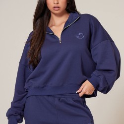 PRETTYLITTLETHING Navy Half Zip Embroidered Sweatshirt