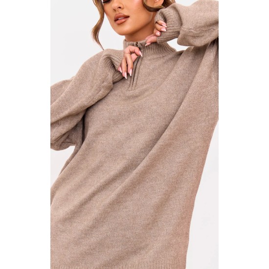 Taupe Knitted Slouchy Half Zip Sweater