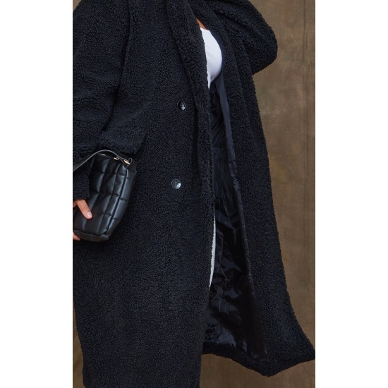 Plus Black Longline Borg Coat