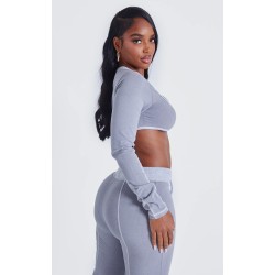 Shape Light Grey Washed Cotton Hook And Eye Long Sleeve Crop Top