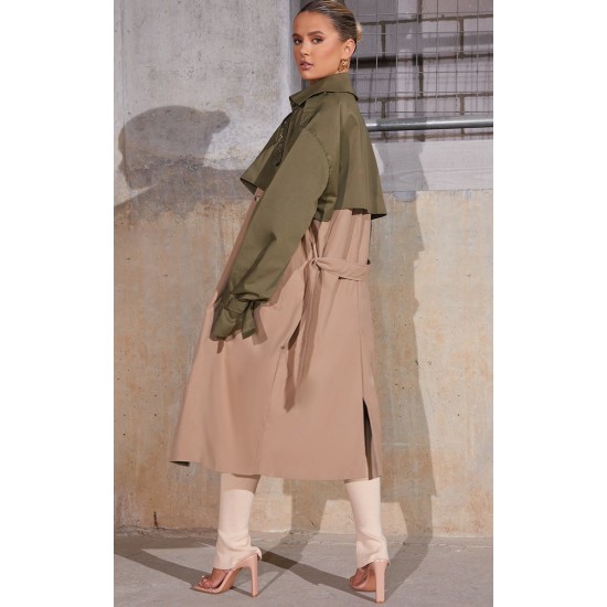 Khaki Contrast Oversized Belted Midi Trench Coat