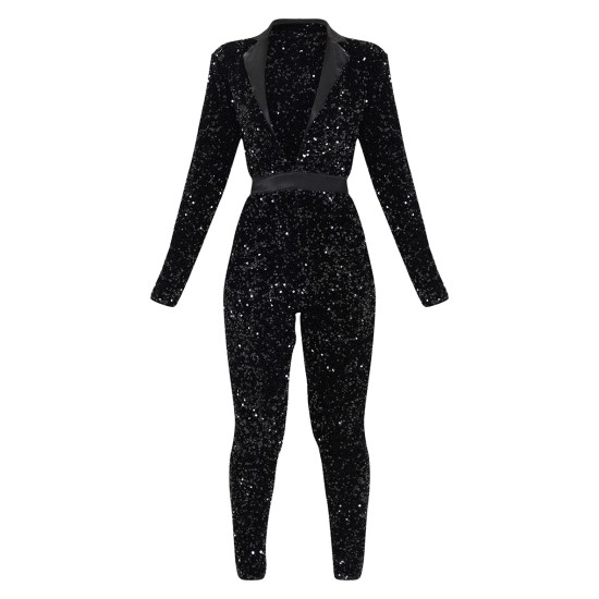 Black Velvet Sequin Plunge Front Tailored Jumpsuit